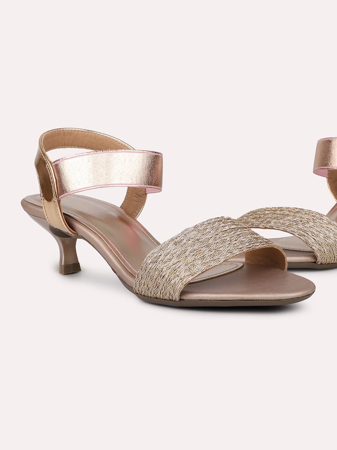 Women Rose Gold Textured Embellished Kitten Heels With Backstrap