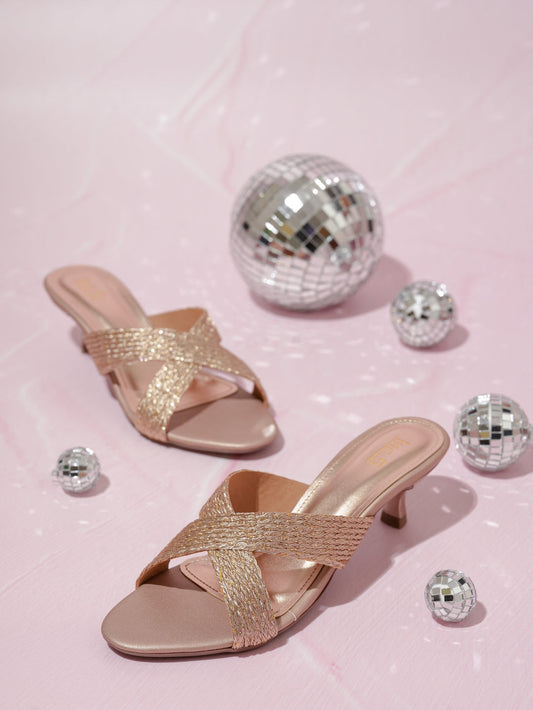 Women Rose Gold Embellished Criss-Cross Kitten Heels