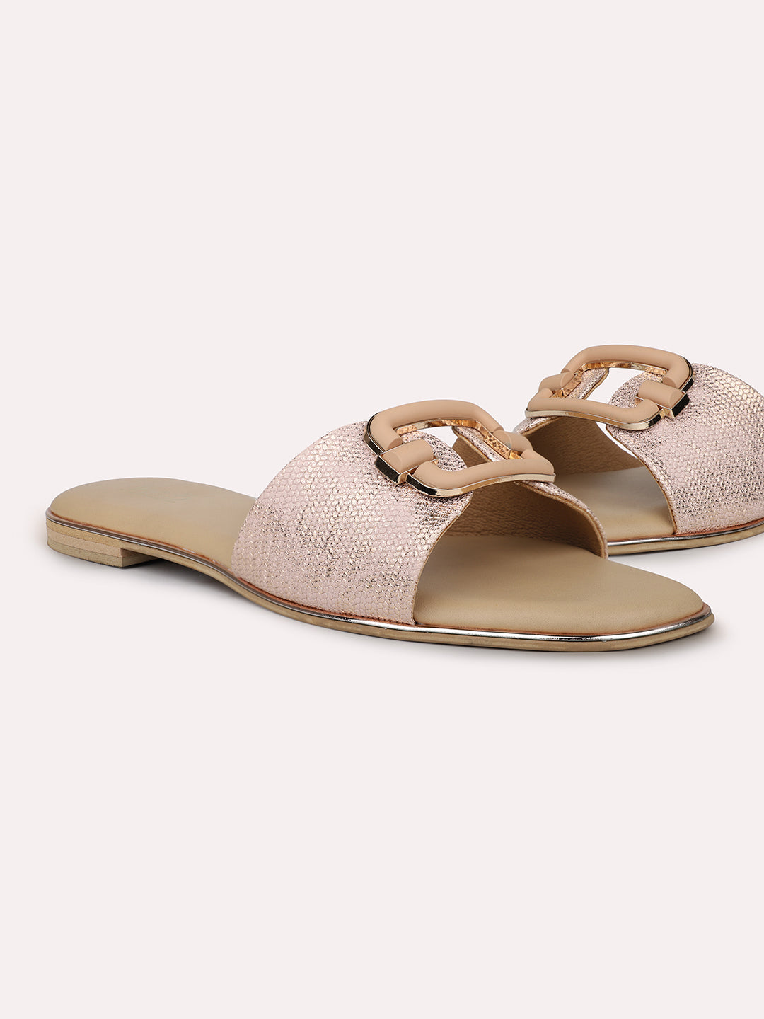 Women Peach Coloured Textured Buckle Detailed Open Toe Flats