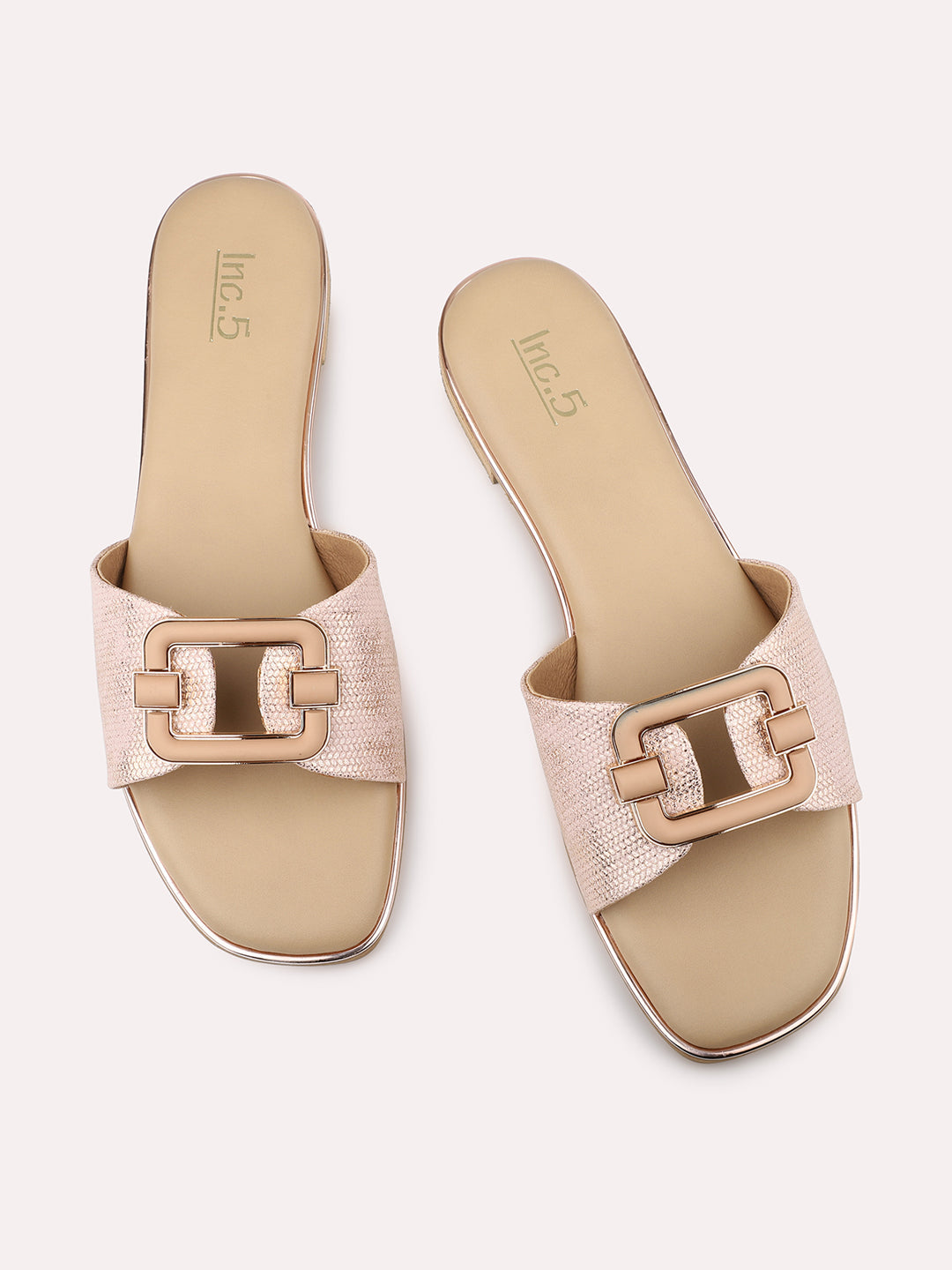 Women Peach Coloured Textured Buckle Detailed Open Toe Flats