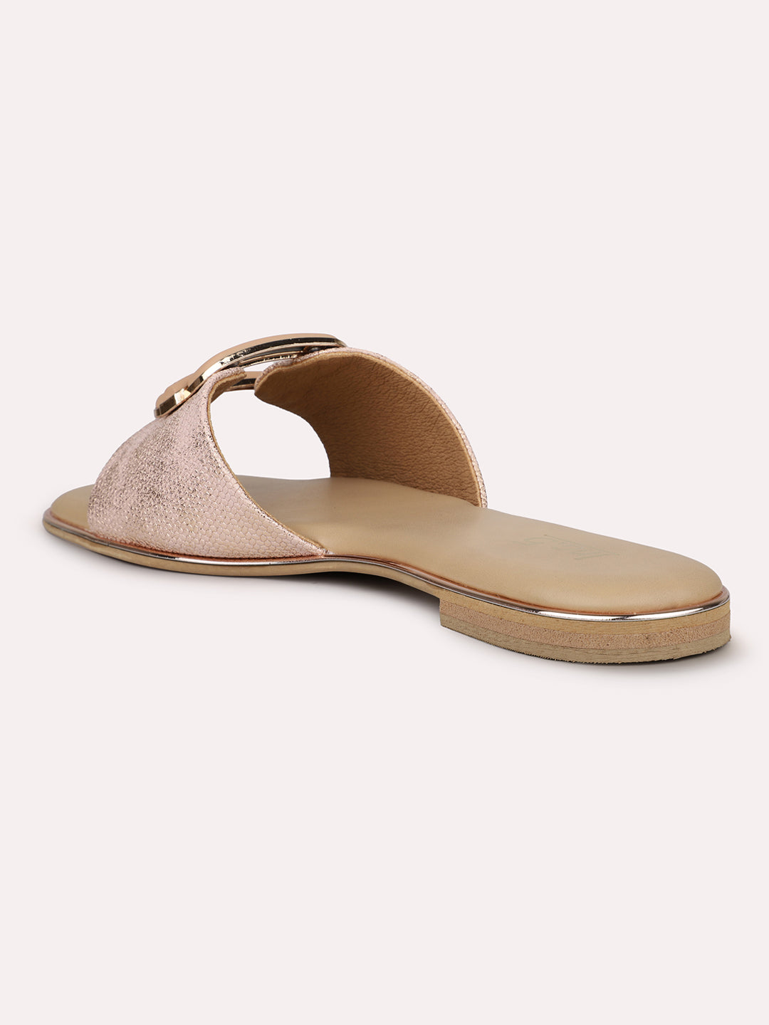 Women Peach Coloured Textured Buckle Detailed Open Toe Flats