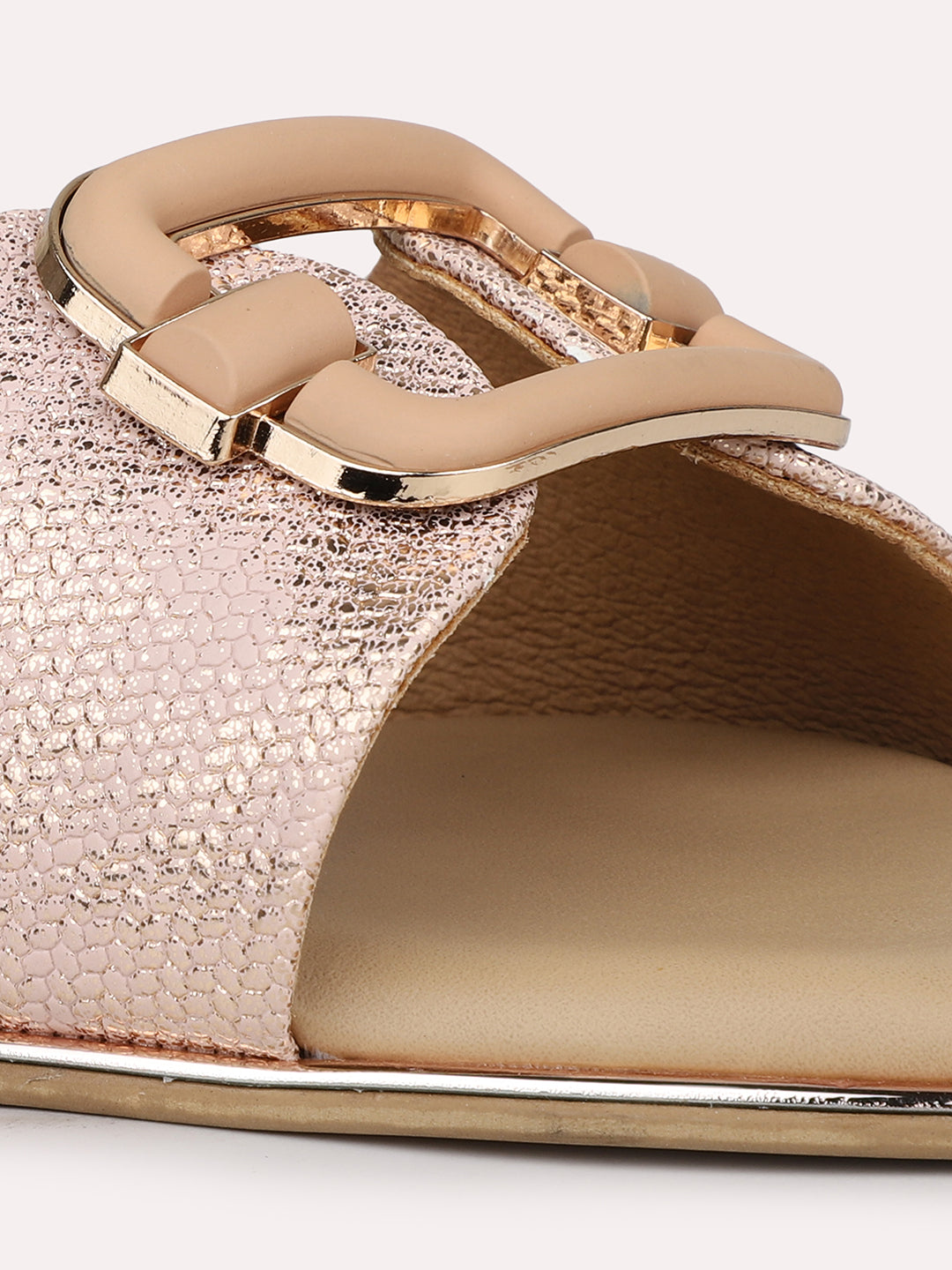 Women Peach Coloured Textured Buckle Detailed Open Toe Flats