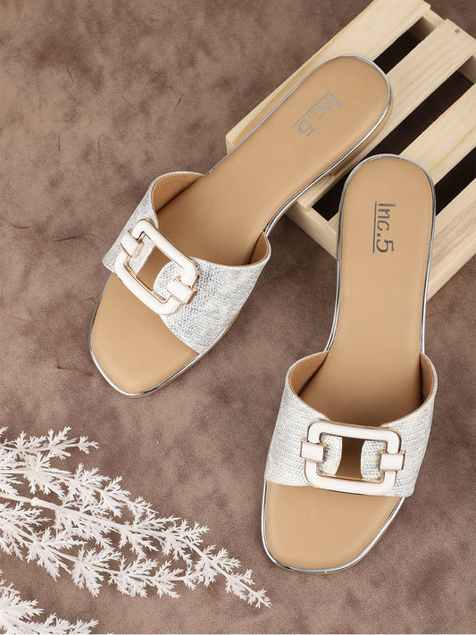 Women White Coloured Textured Buckle Detailed Open Toe Flats