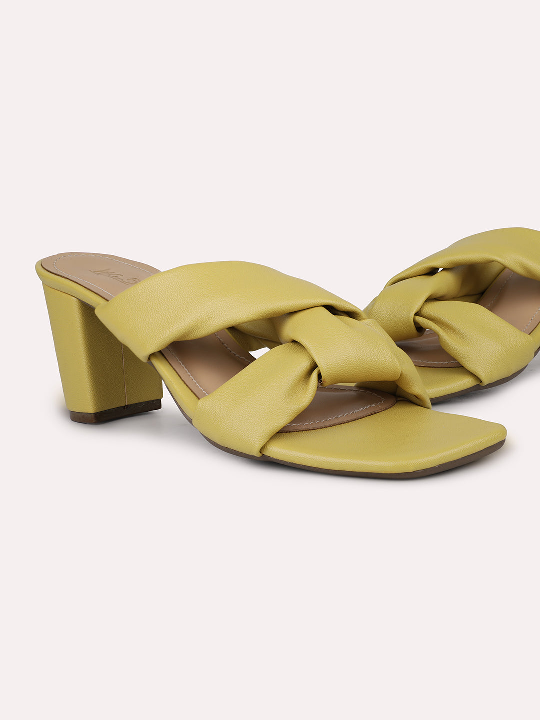 Women Yellow Cross Strappy Block Heels