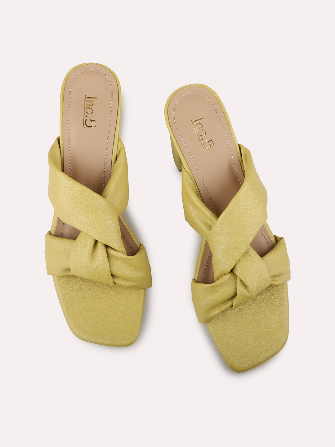 Women Yellow Cross Strappy Block Heels