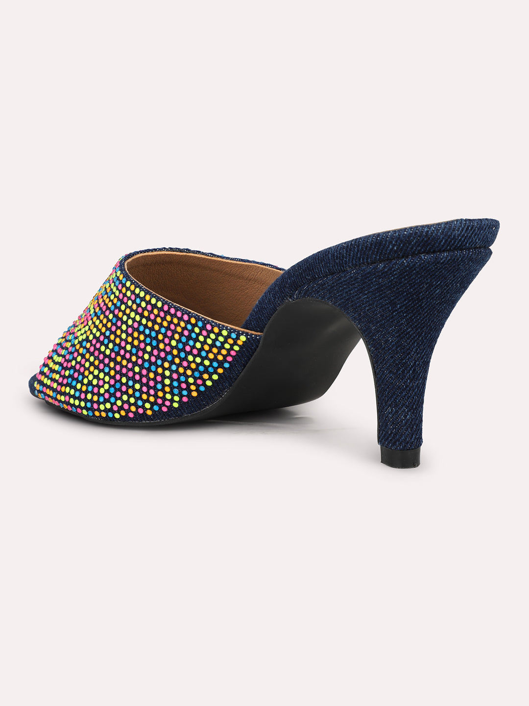 Women Navy Denim Textured Open Toe Stiletto Heel