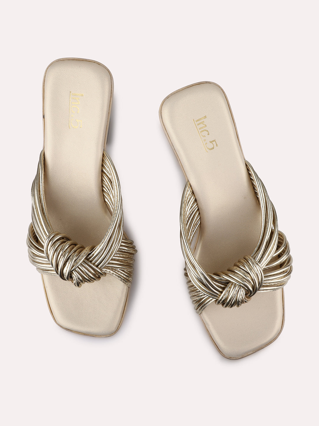 Women Gold Solid Open Toe Striped Platform Heels With Knot Detail