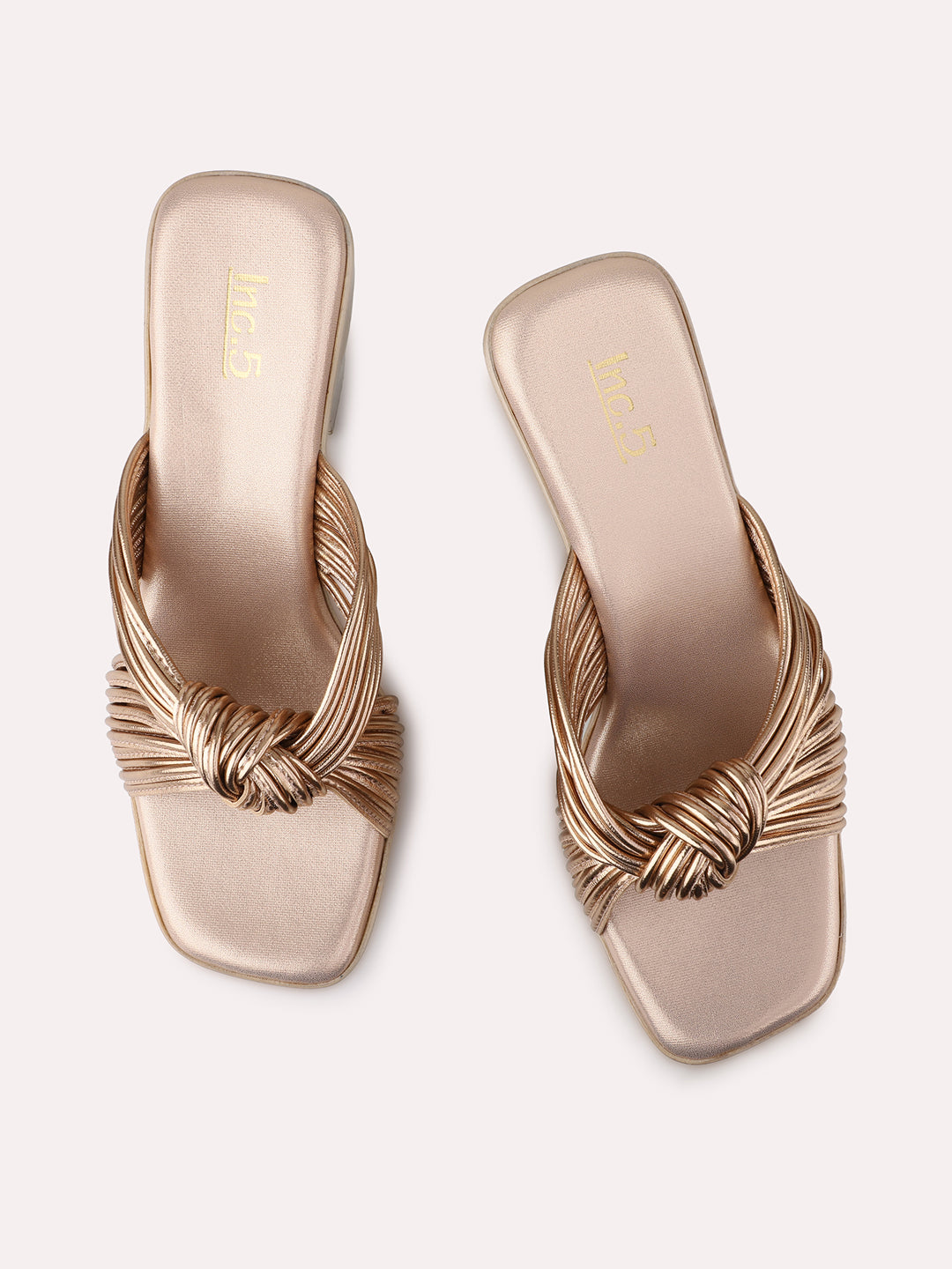 Women Rose Gold Solid Open Toe Striped Platform Heels With Knot Detail