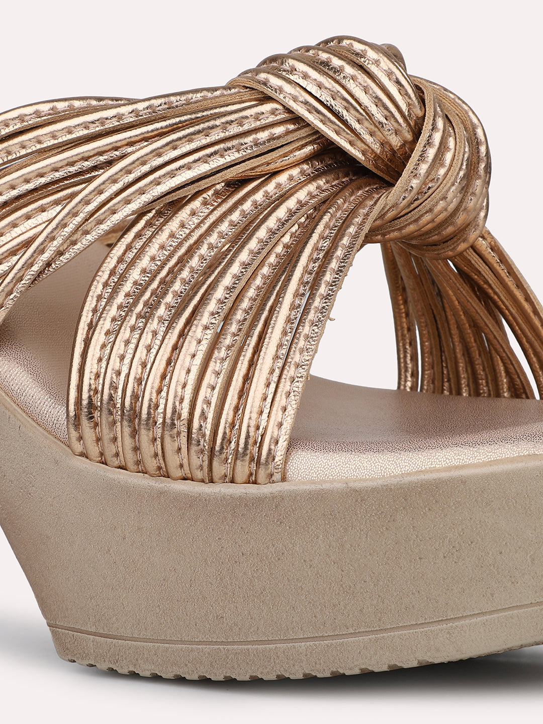 Women Rose Gold Solid Open Toe Striped Platform Heels With Knot Detail