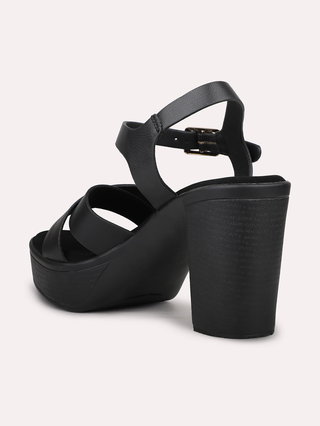 Women Black Criss Cross Platform Heels With Buckle Details