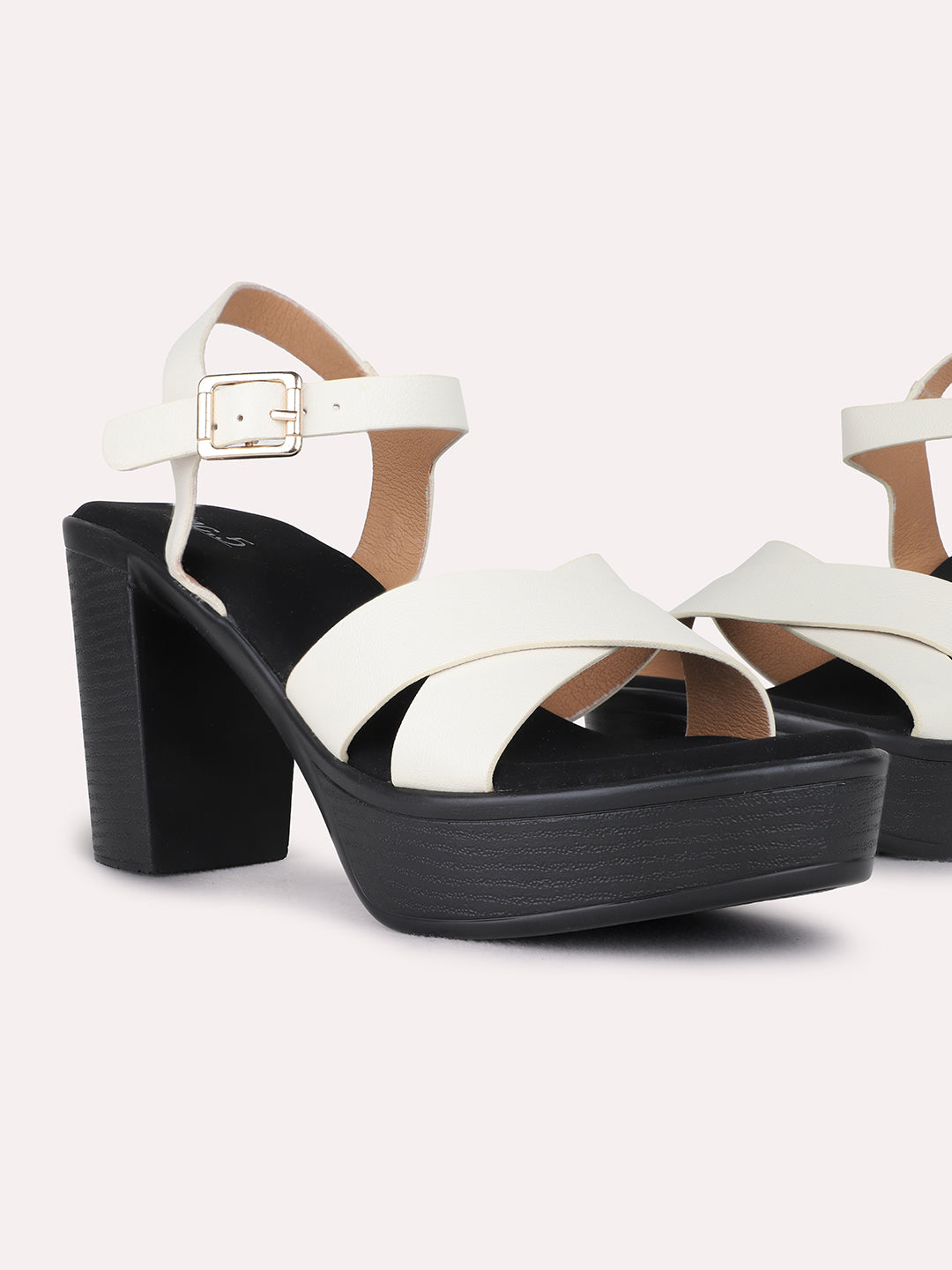 Womens Cream Party Wear Solid Round Toe Platform Heel Sandals