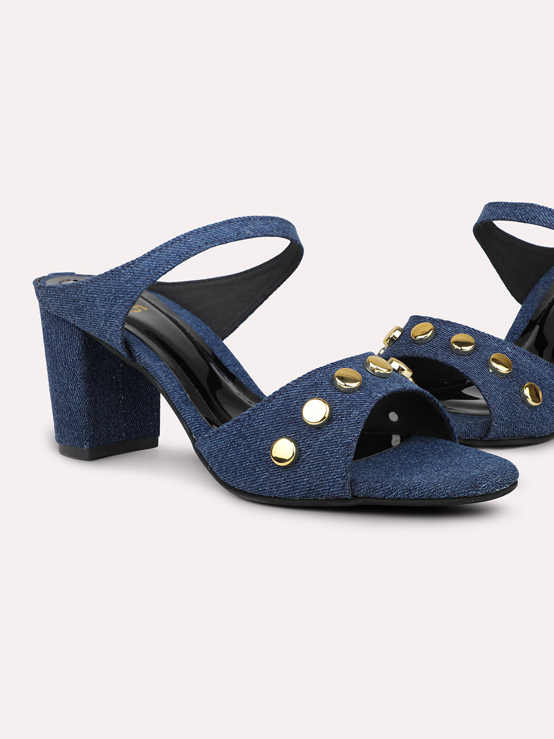 Women Navy Denim Studded Open Toe Block Heels