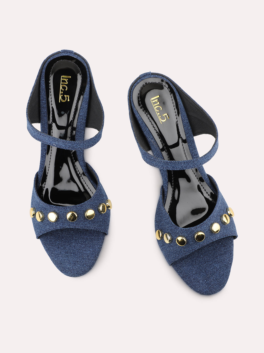 Women Navy Denim Studded Open Toe Block Heels