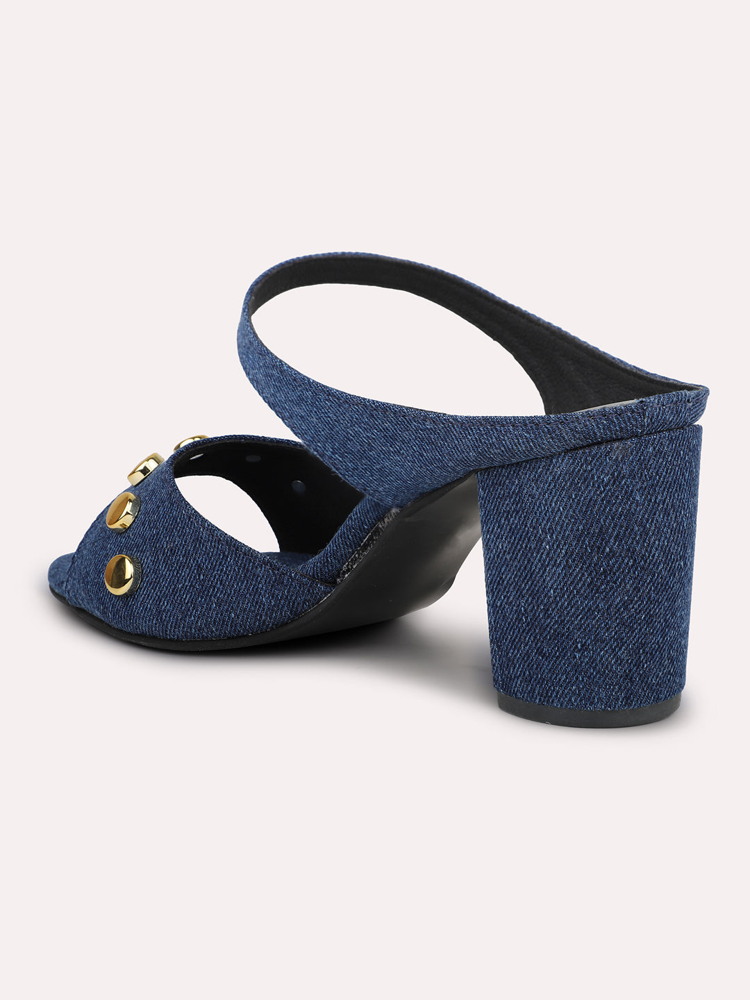 Women Navy Denim Studded Open Toe Block Heels