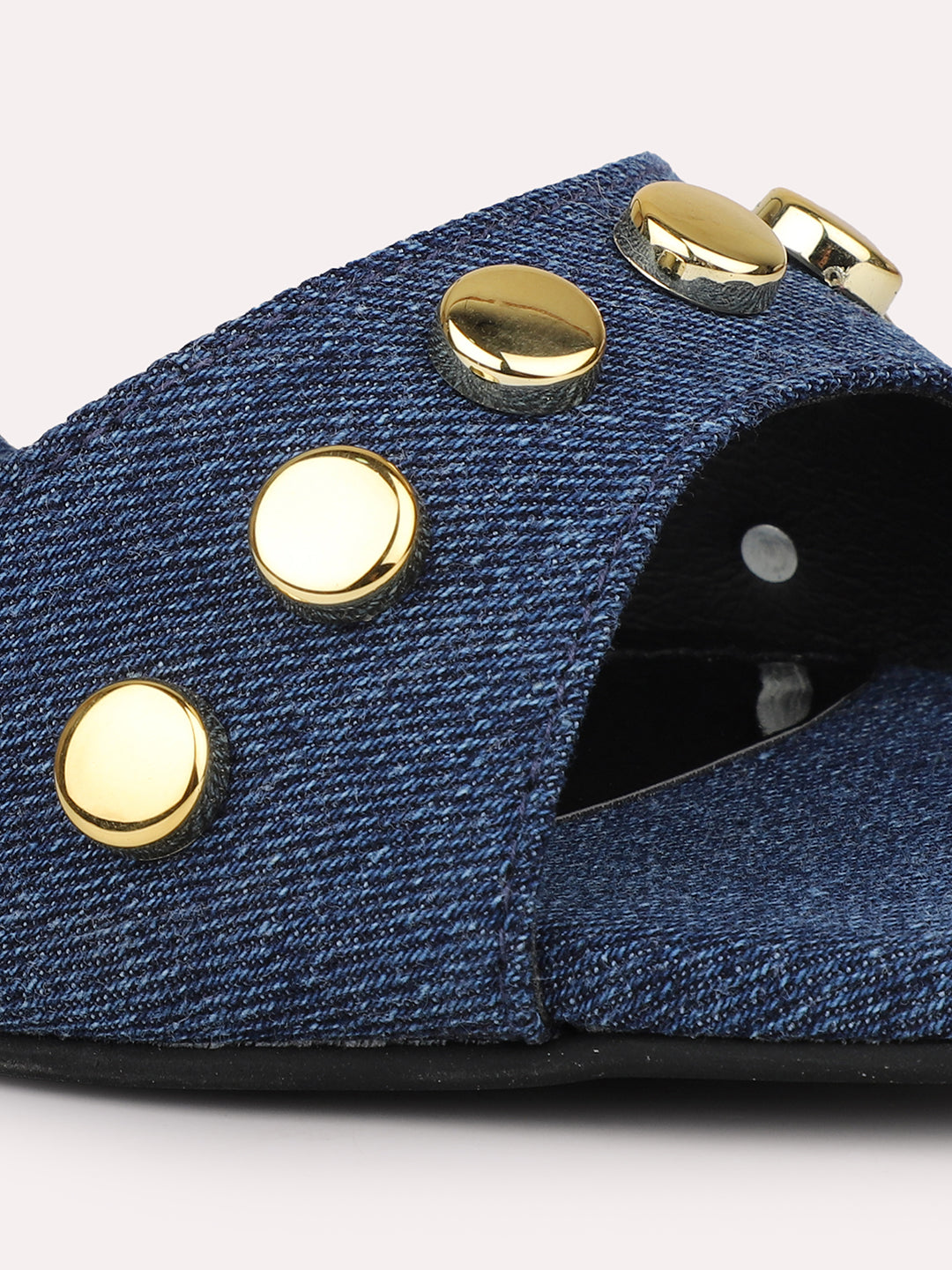 Women Navy Denim Studded Open Toe Block Heels