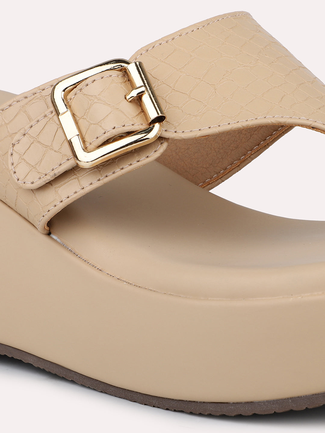 Women Beige Textured Wedge Heels with Buckle Detail