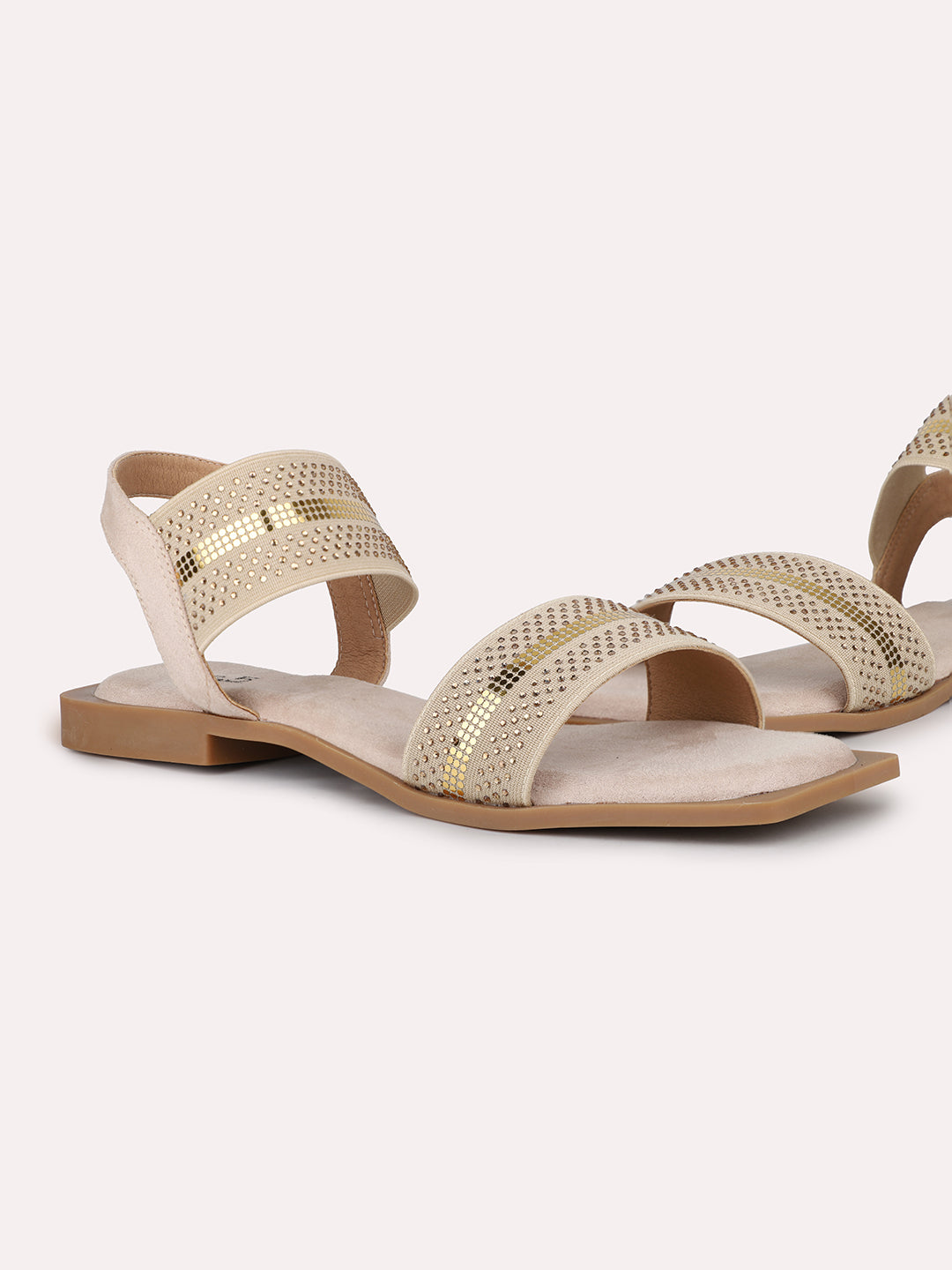 Women Beige & Gold-Toned Open One Toe Flats With Backstrap