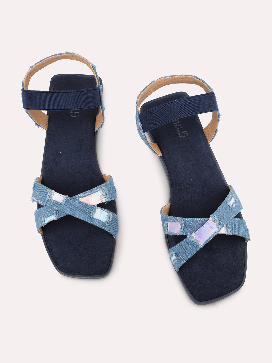 Women Blue Criss-Cross Strap Textured Open Toe Flats