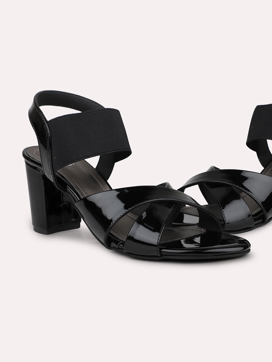 Women Black Criss-Cross Strap Block Heels With Backstrap