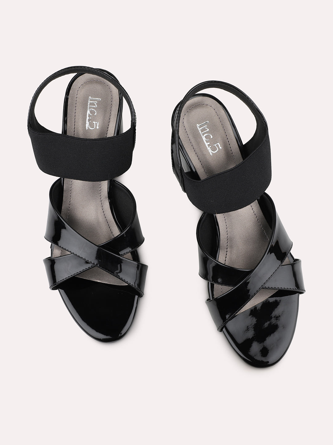 Women Black Criss-Cross Strap Block Heels With Backstrap