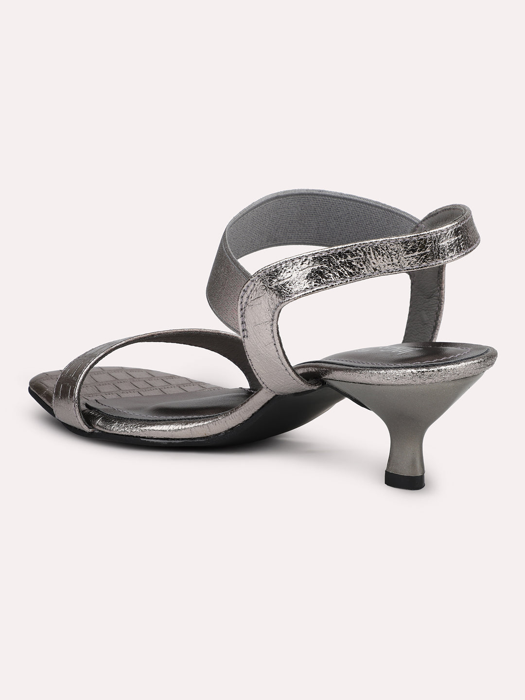 Women Pewter Textured Embellished Kitten Heels With Backstrap