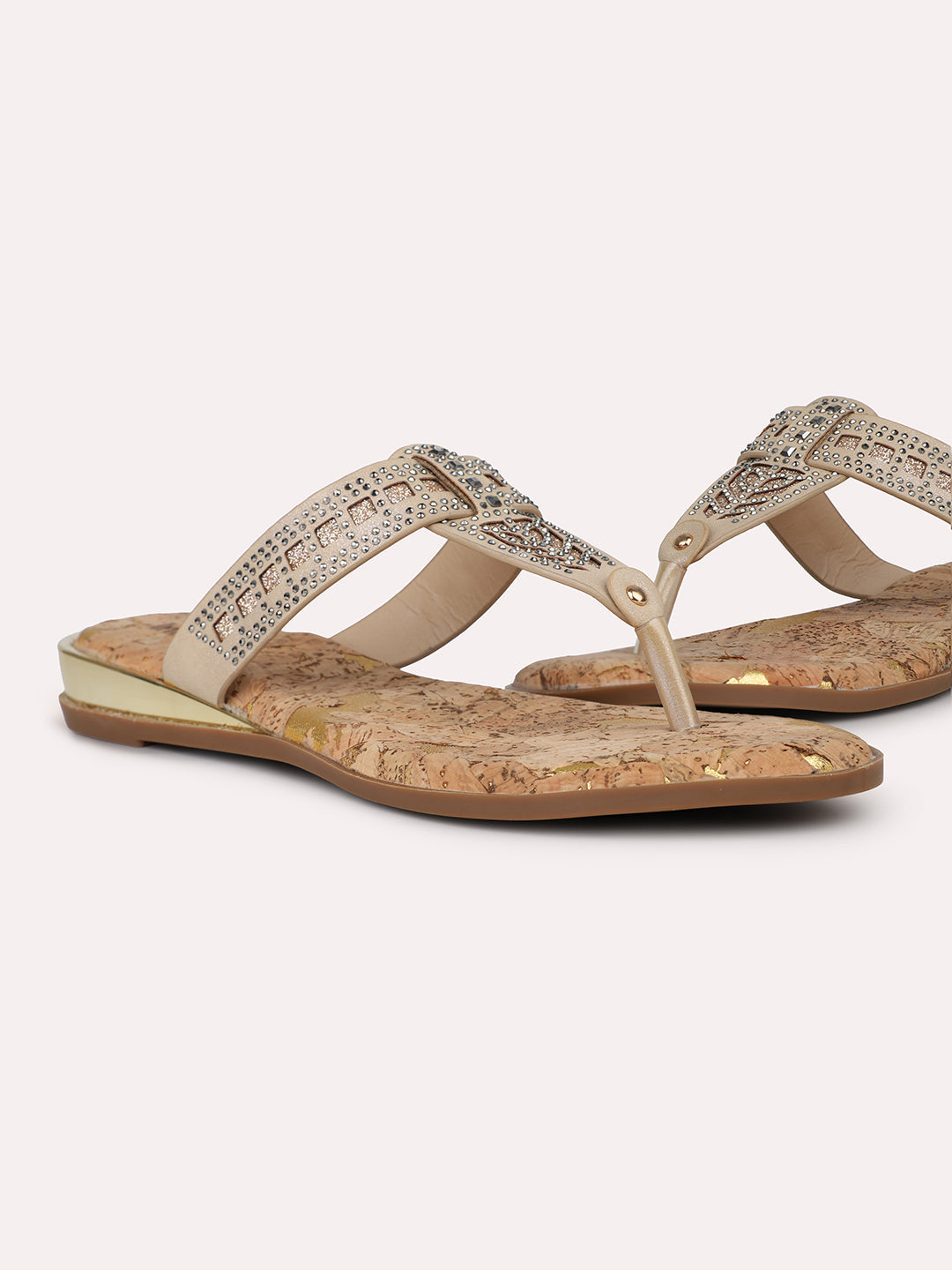 Women Beige Cork Finish Embellished T-Strap Flats