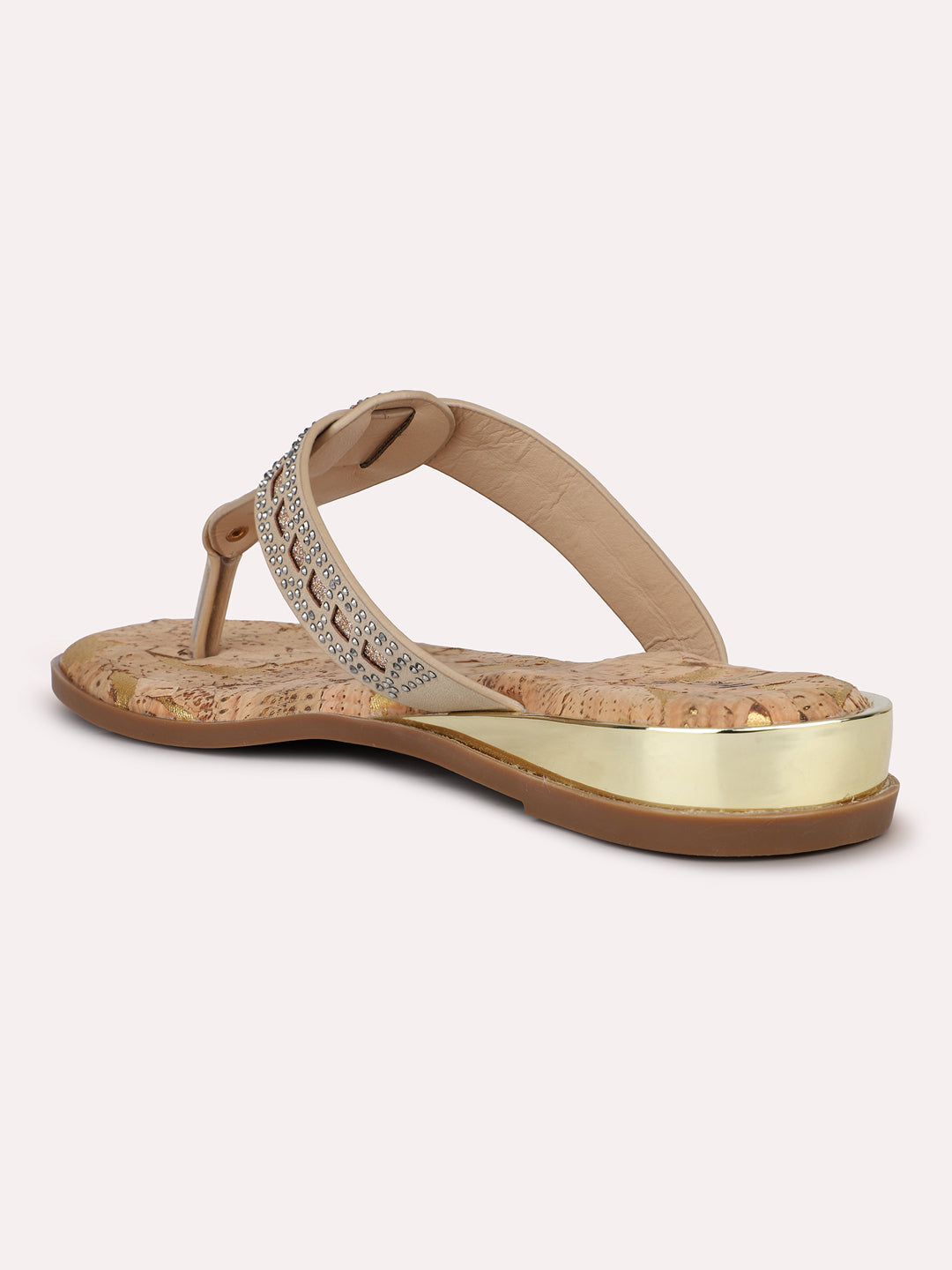 Women Beige Cork Finish Embellished T-Strap Flats