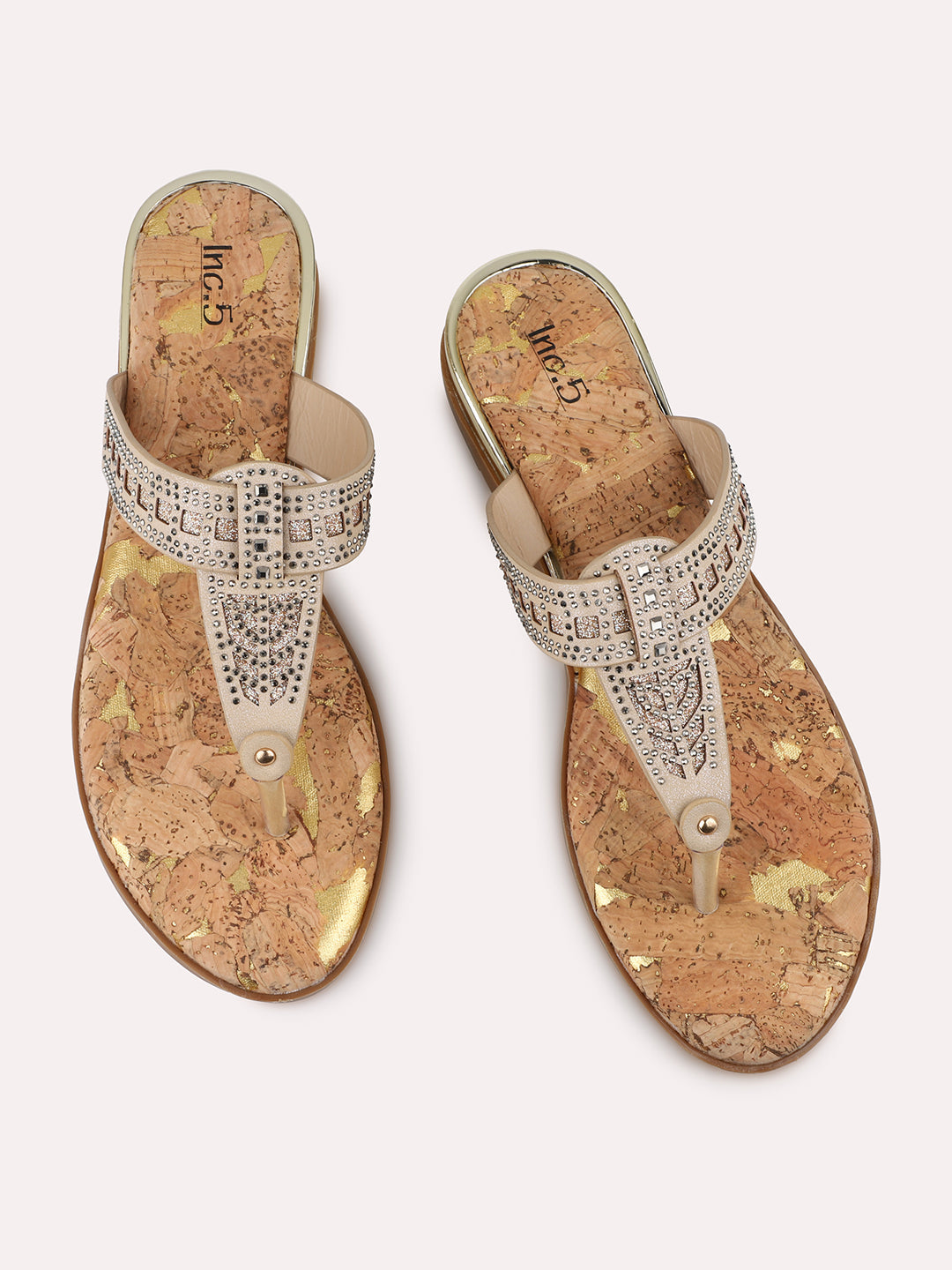 Women Beige Cork Finish Embellished T-Strap Flats