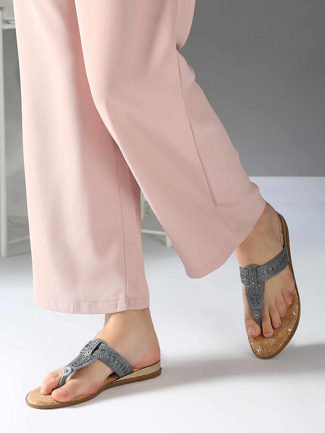 Women Grey Cork Finish Embellished T-Strap Flats