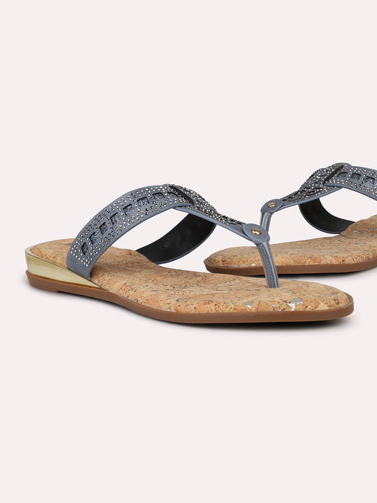 Women Grey Cork Finish Embellished T-Strap Flats