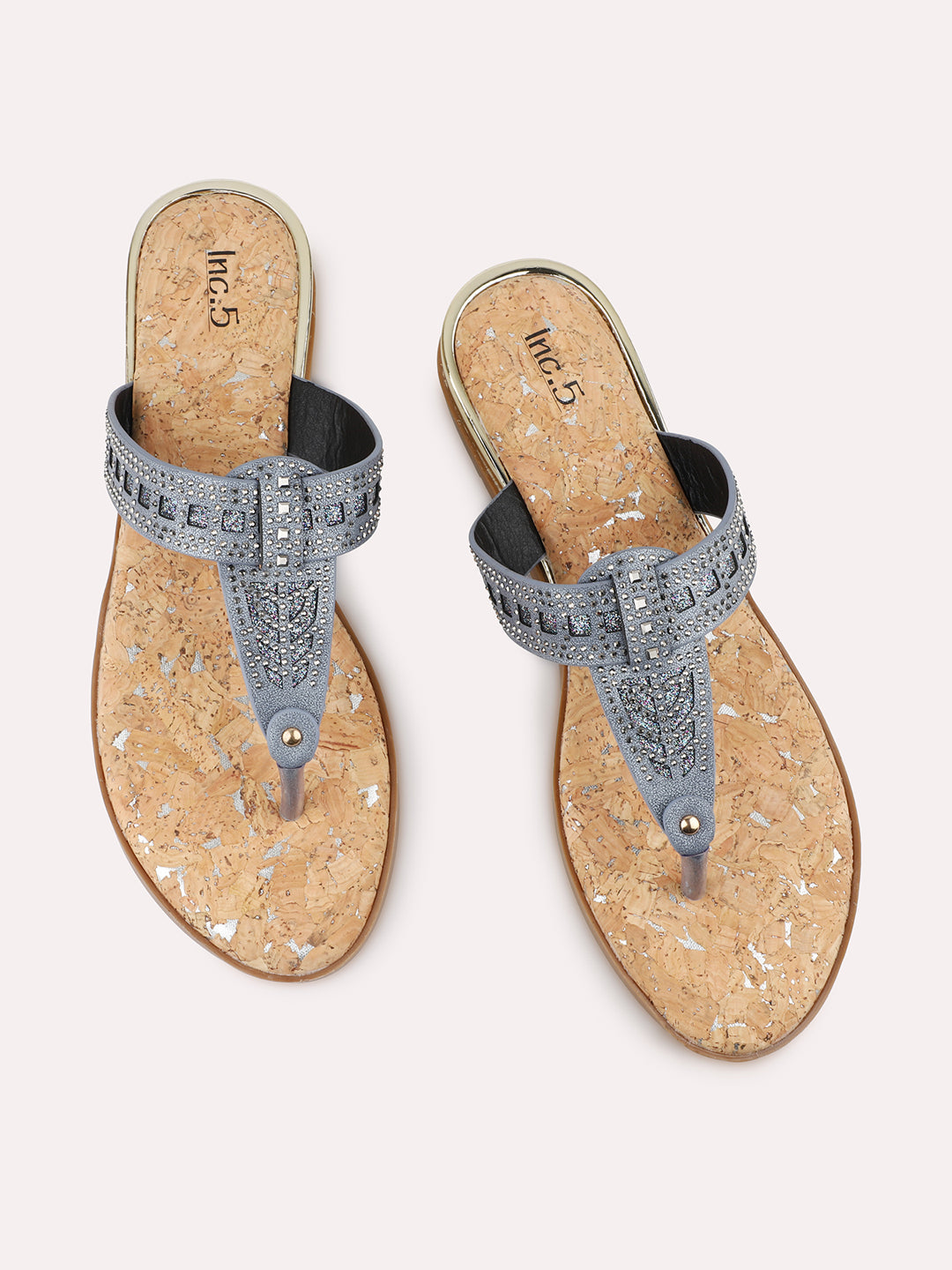 Women Grey Cork Finish Embellished T-Strap Flats