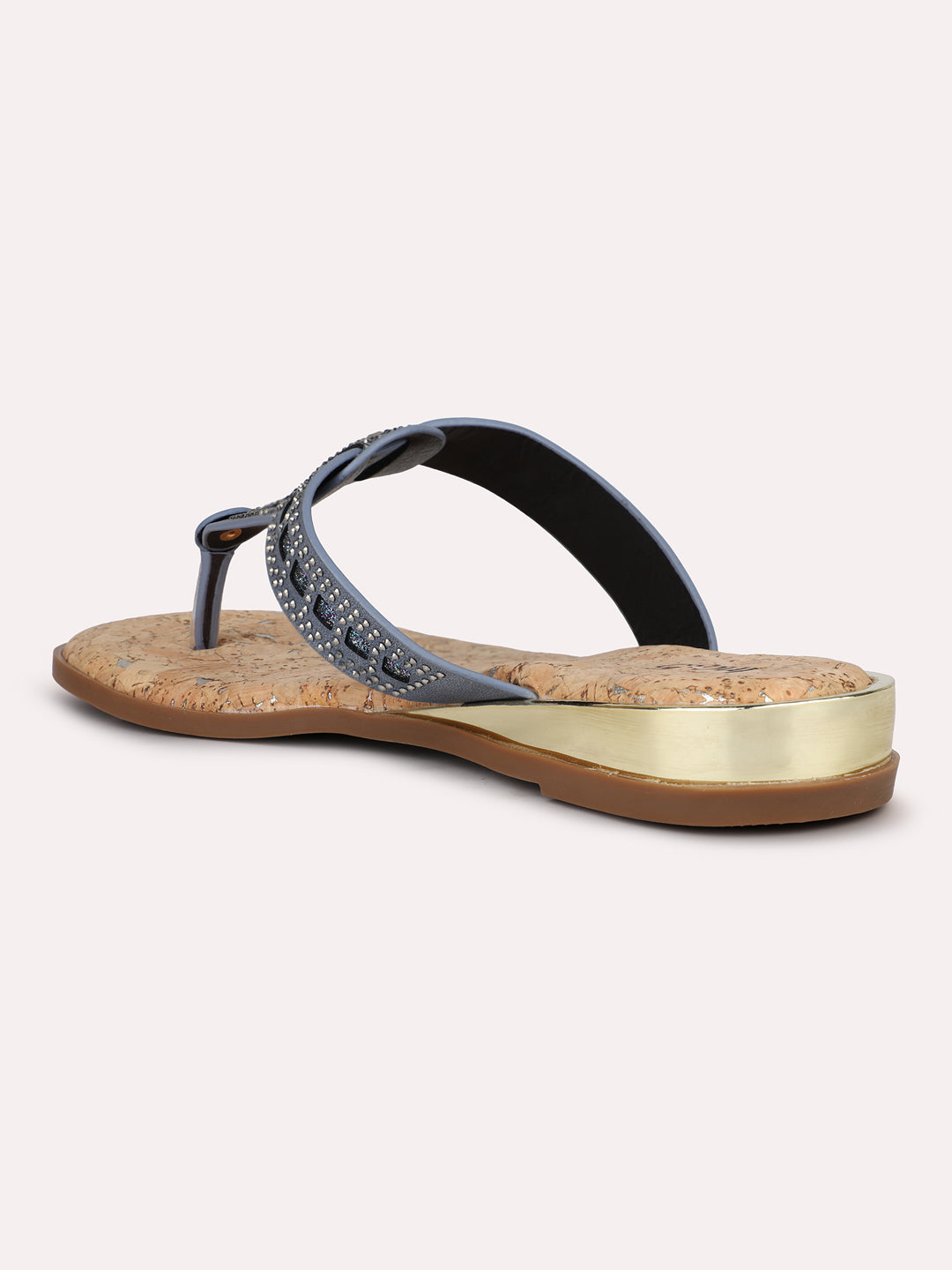 Women Grey Cork Finish Embellished T-Strap Flats