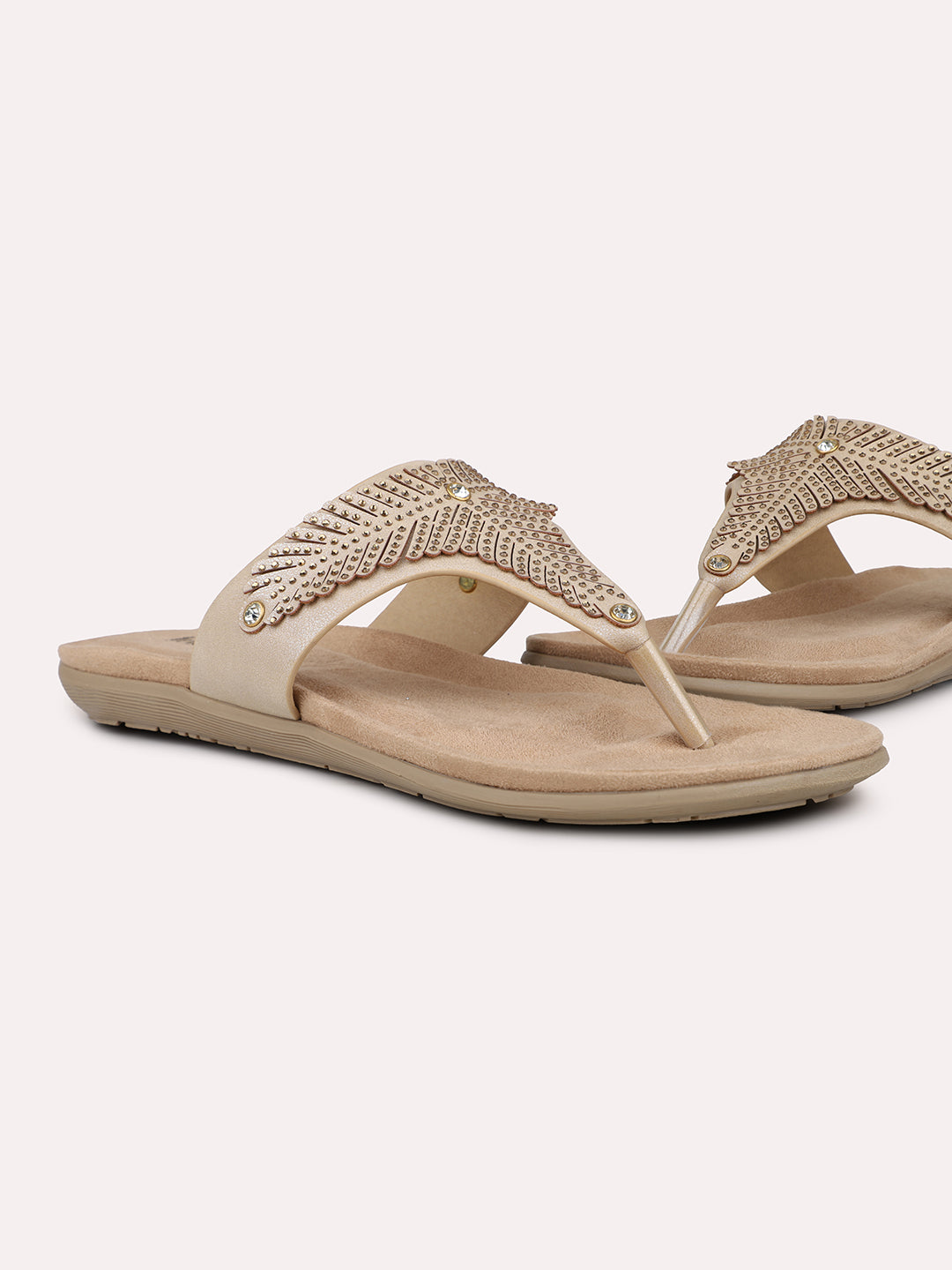 Women Beige And Gold-Toned Textured T-Strap Flats