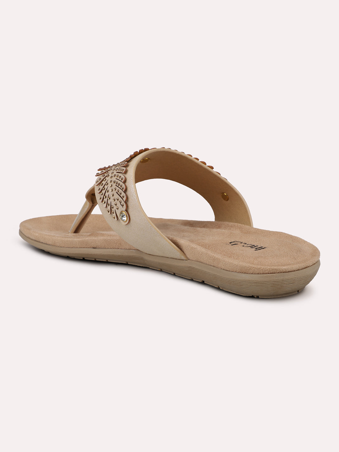 Women Beige And Gold-Toned Textured T-Strap Flats