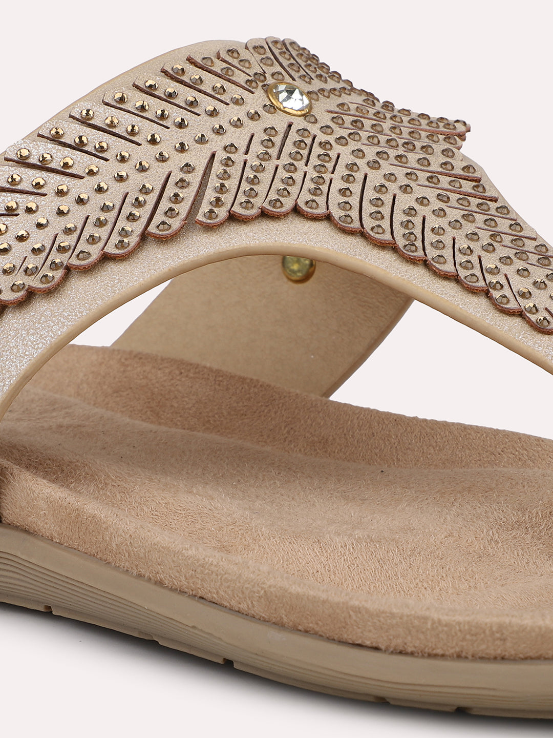 Women Beige And Gold-Toned Textured T-Strap Flats