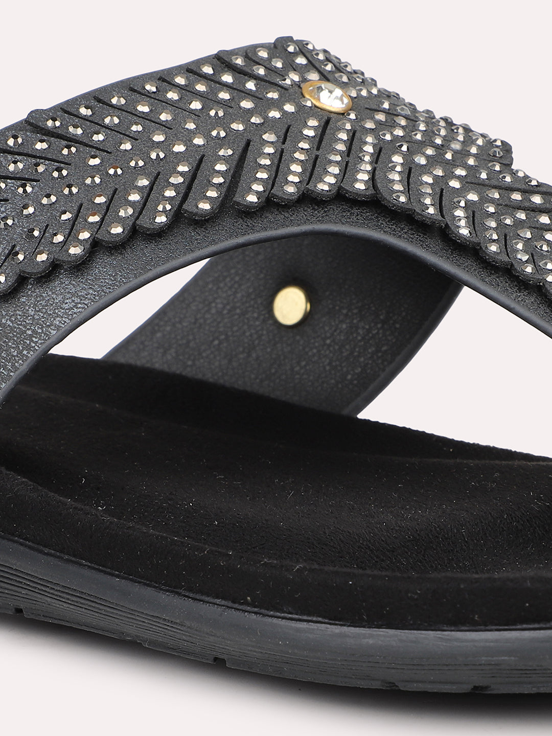 Women Black Textured Open Toe Flats