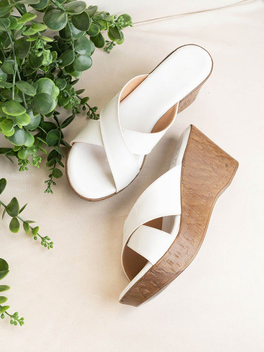 Women White Criss-Cross Wedge Heels