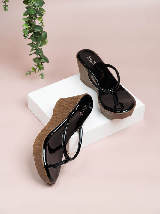 Women Black Solid Wedges with Knot Detail