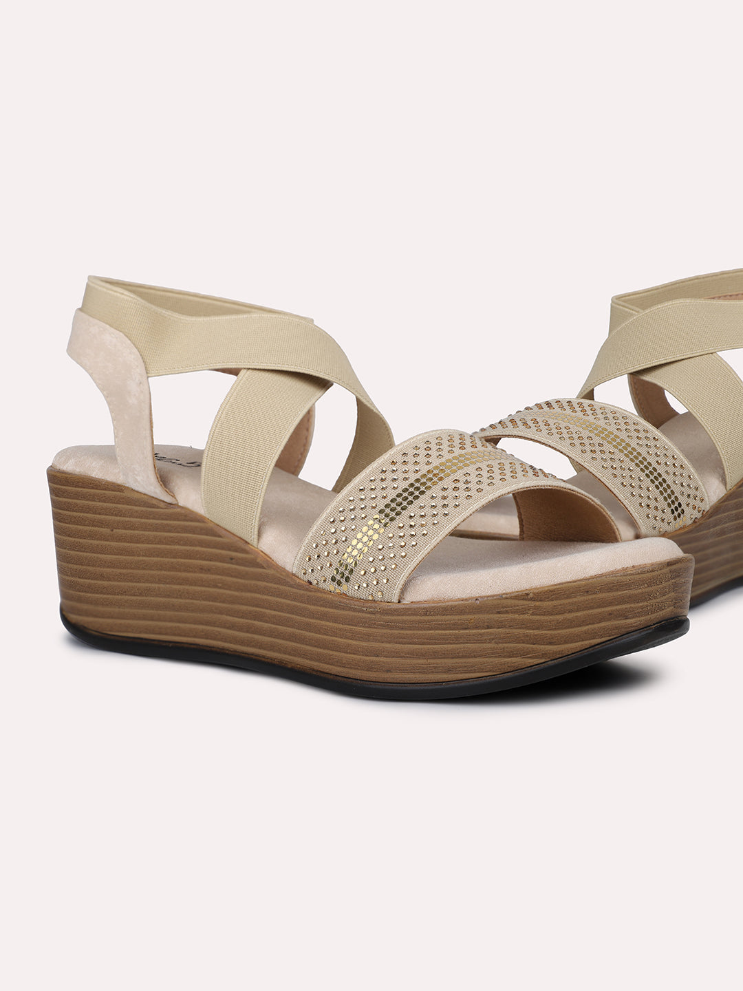 Women Beige And Gold Toned Wedge Heels With Backstrap