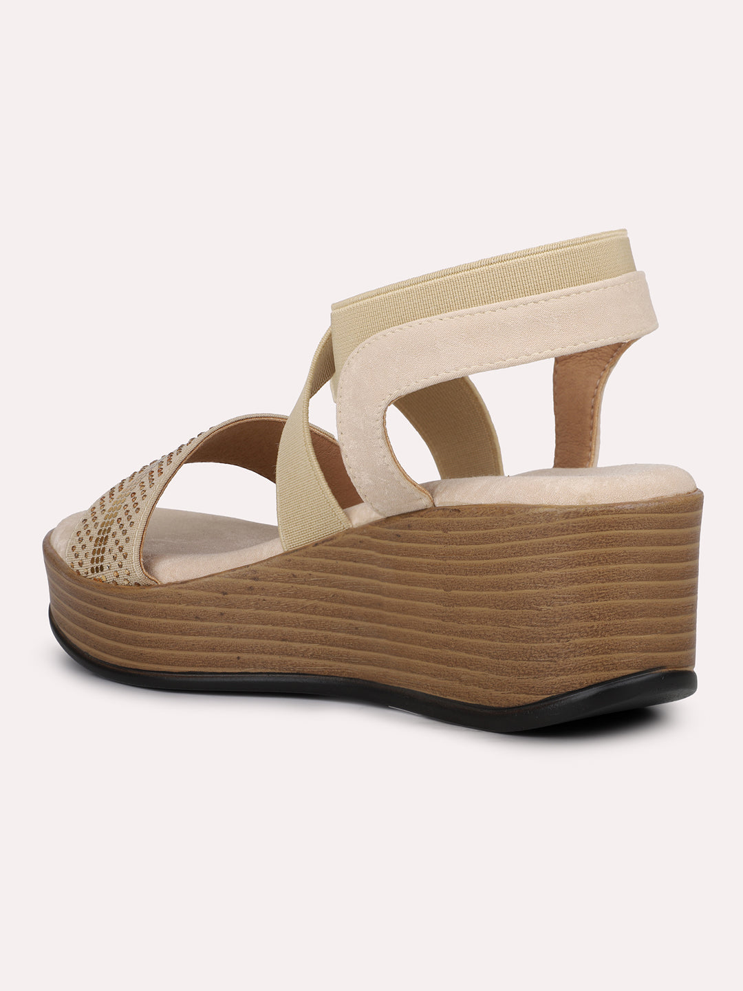 Women Beige And Gold Toned Wedge Heels With Backstrap