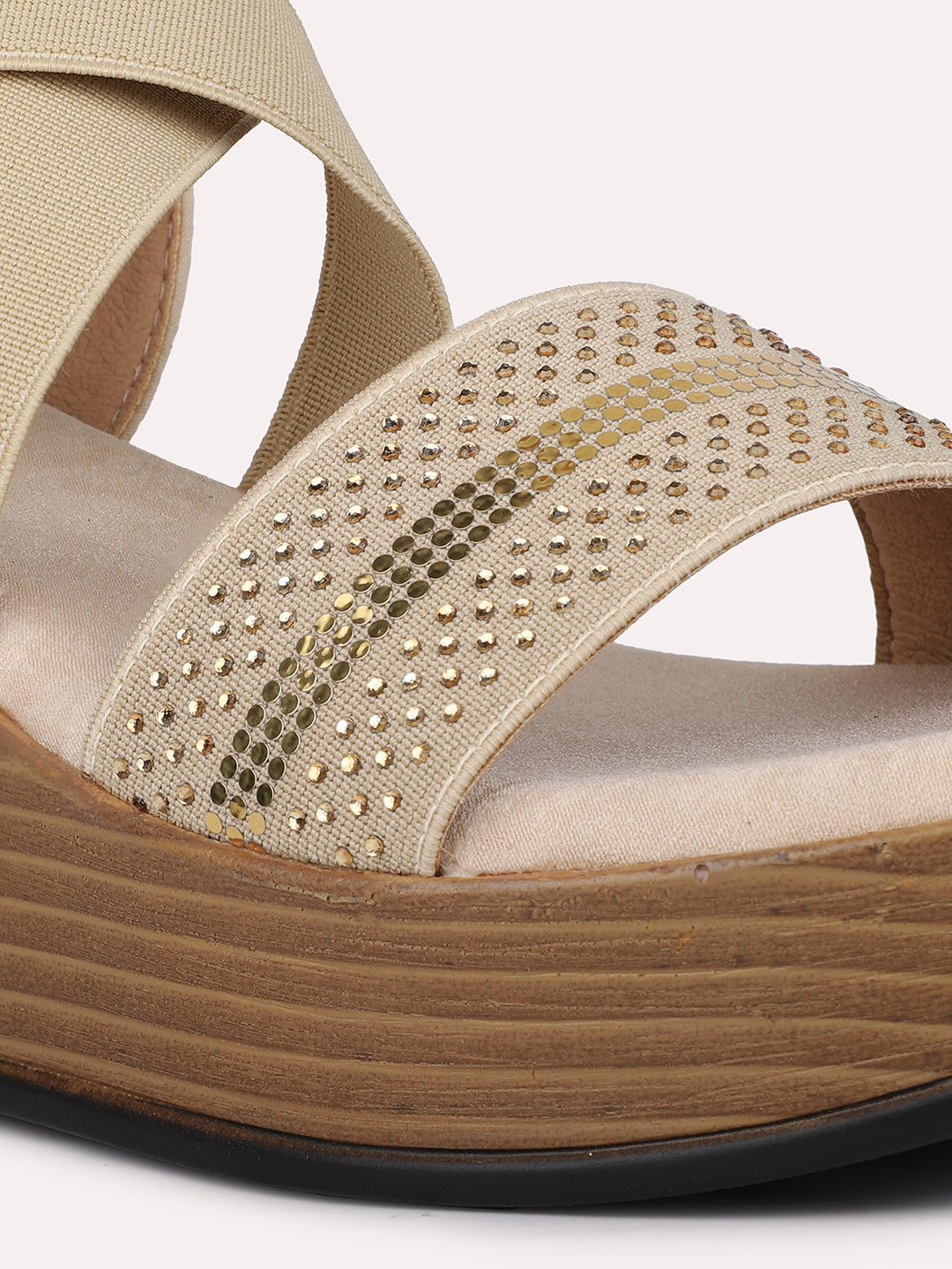 Women Beige And Gold Toned Wedge Heels With Backstrap