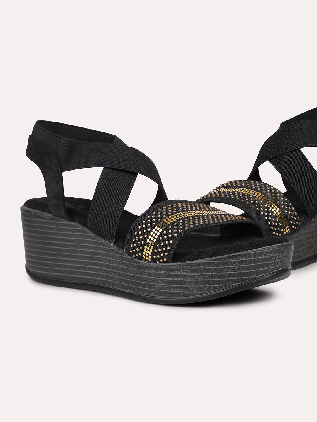 Women Black And Gold Toned Wedge Heels With Backstrap