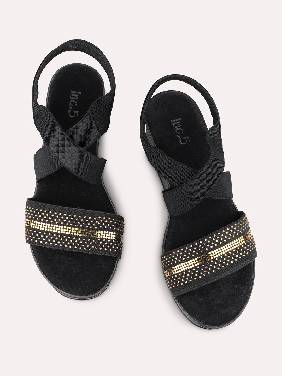 Women Black And Gold Toned Wedge Heels With Backstrap