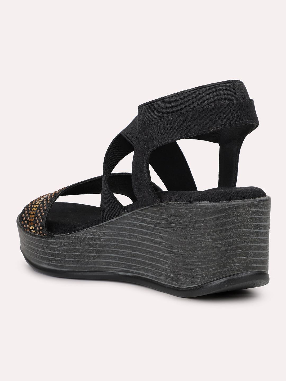 Women Black And Gold Toned Wedge Heels With Backstrap