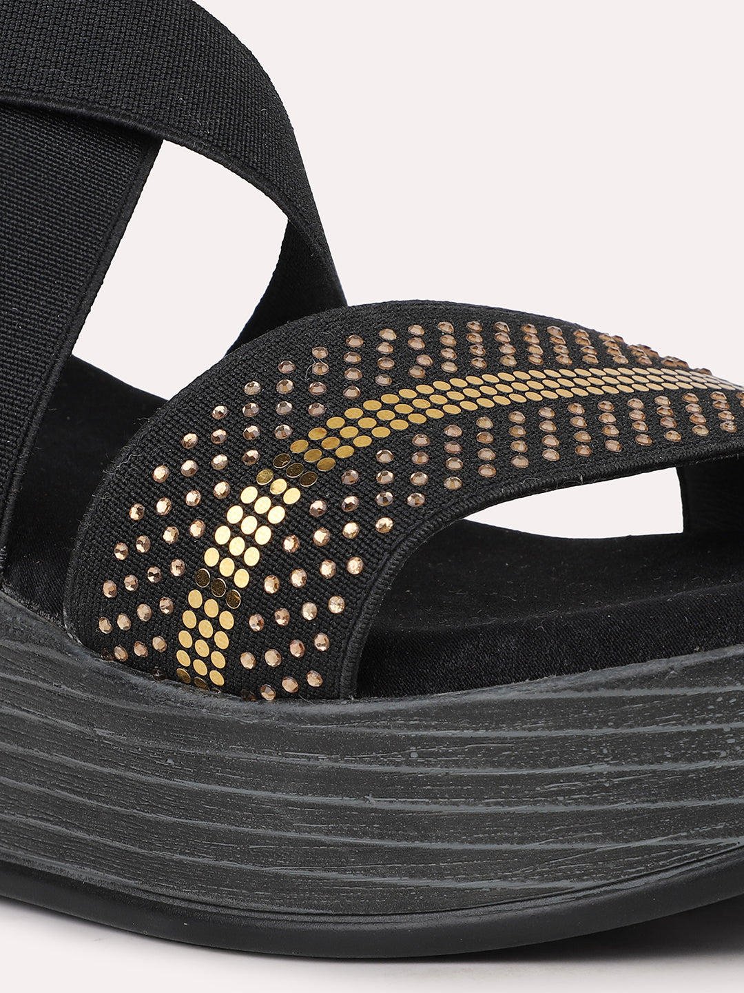 Women Black And Gold Toned Wedge Heels With Backstrap