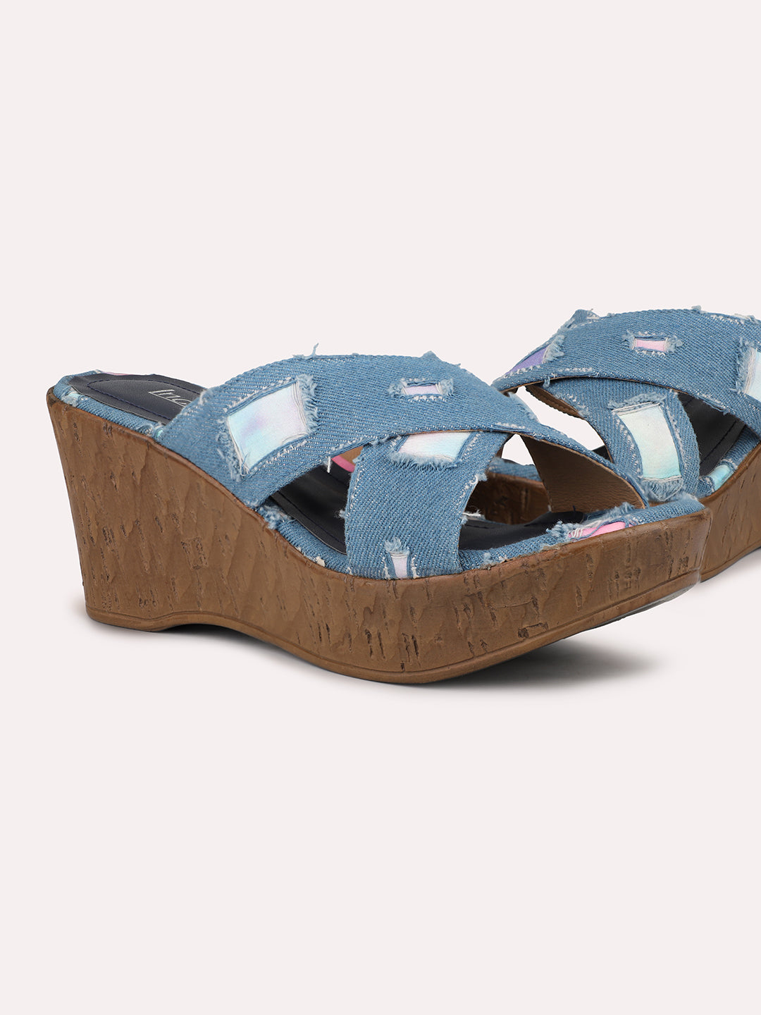 Women Blue Printed Round Toe Wedge Sandals