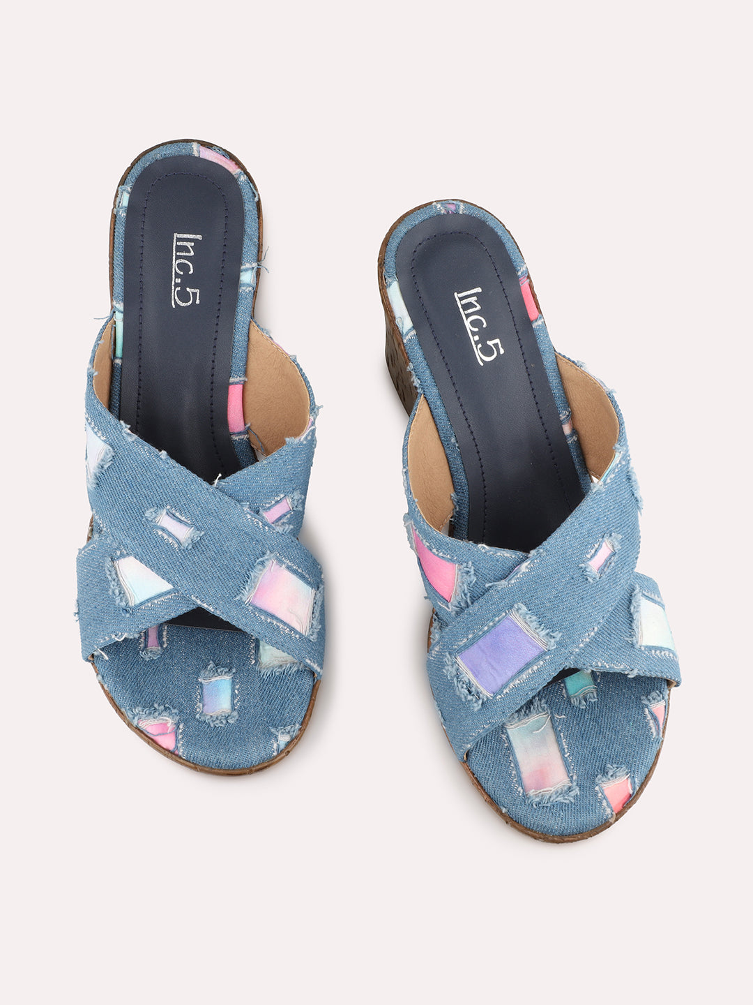 Women Blue Printed Round Toe Wedge Sandals