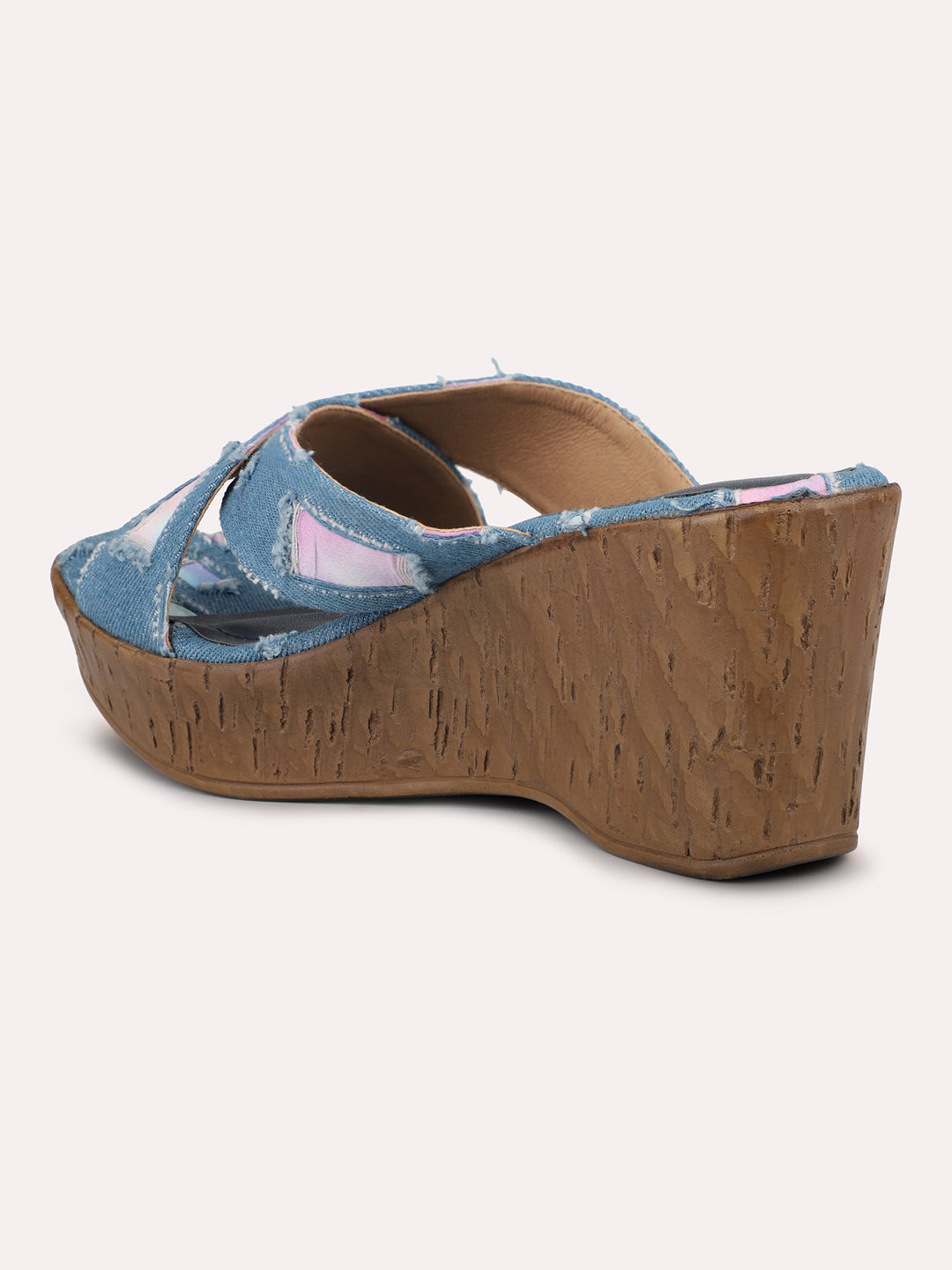 Women Blue Printed Round Toe Wedge Sandals