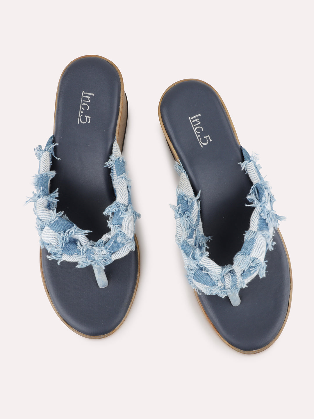 Womens Blue Casual Printed Thong Wedges Sandals