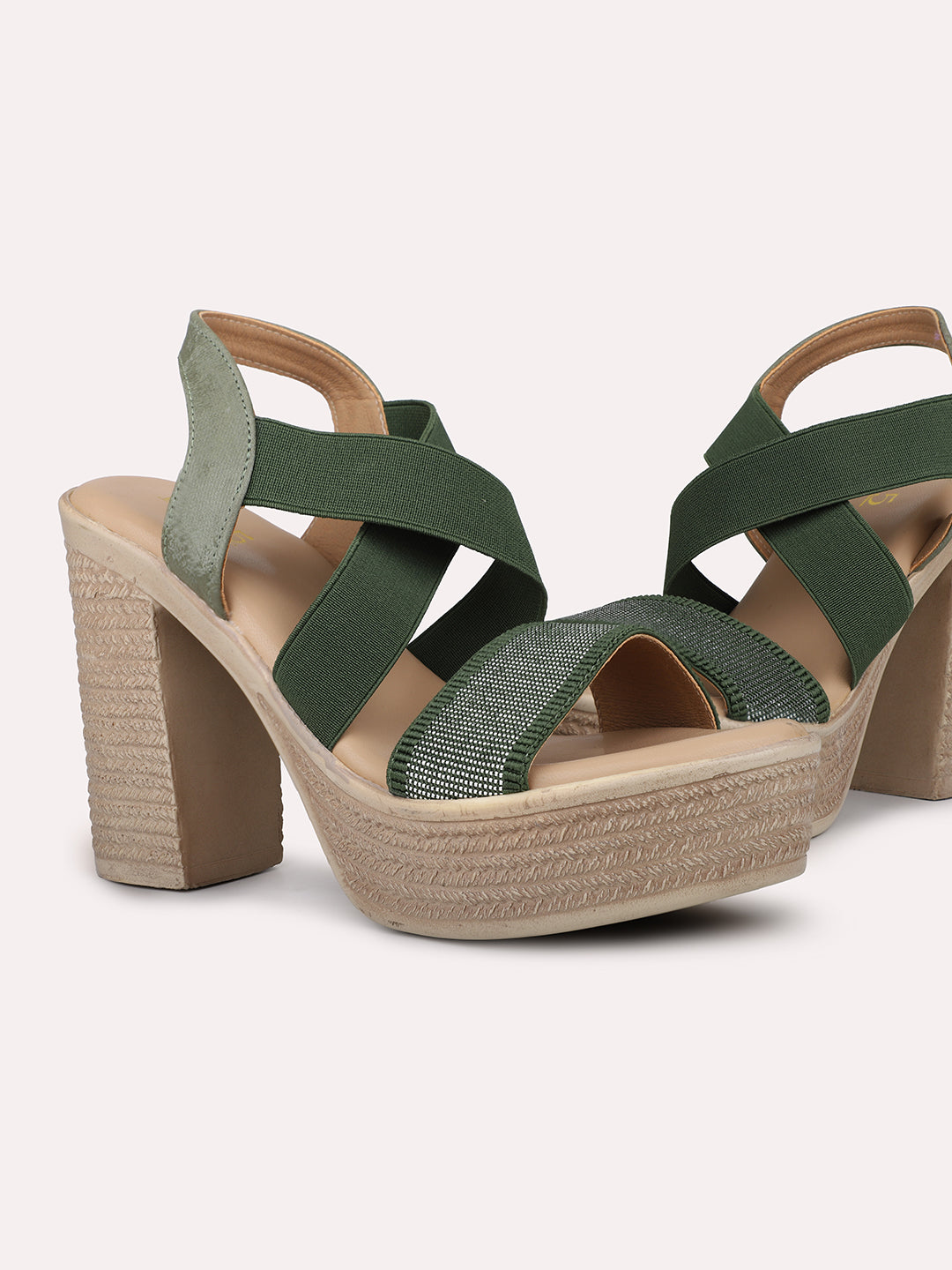 Women Green Textured Platform Heels With Backstrap